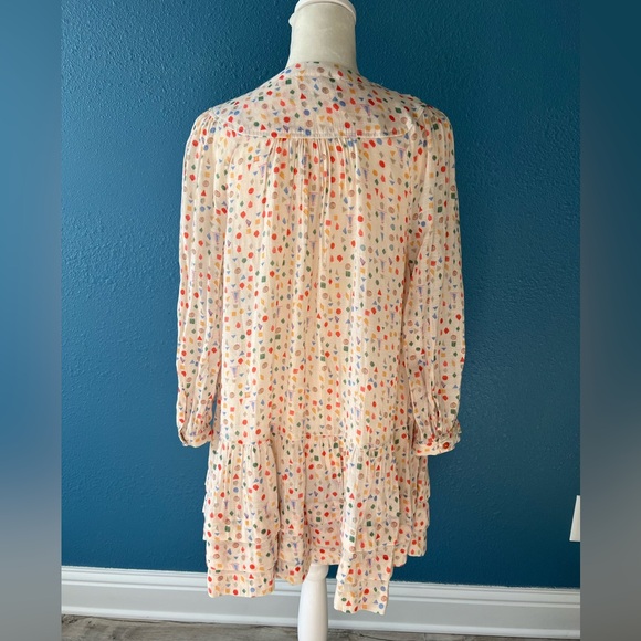 Anthropologie Maeve Paccia Button Down Tunic Top Cream Print Ruffle Hem Size SM - Picture 3 of 9